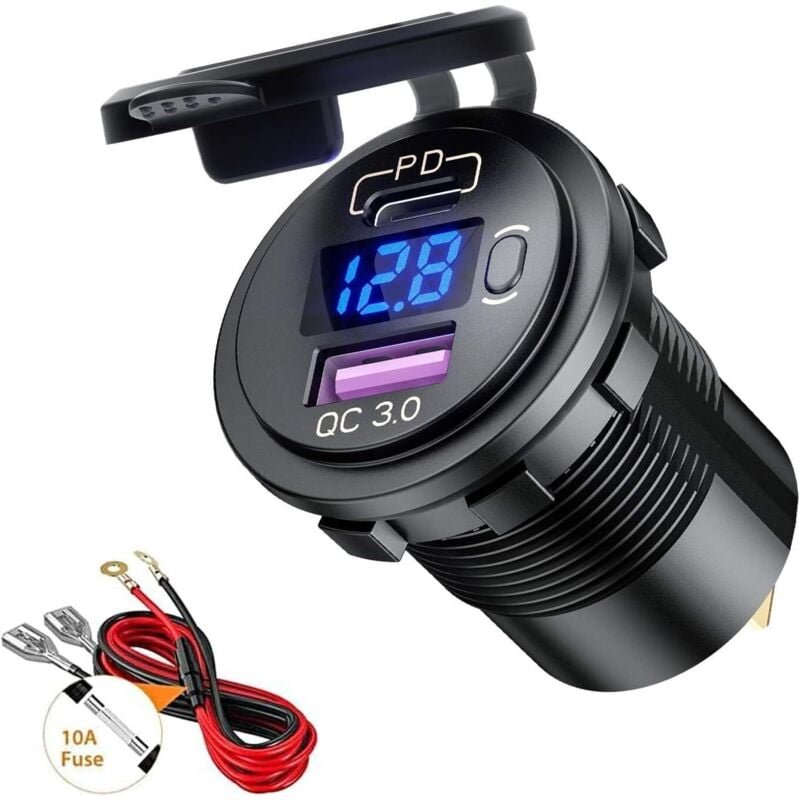 Thumbnail - QC3.0 und PD Typ-C USB-Autoladebuchse mit wasserdichtem LED-Digitalvoltmeter-Schalter für 12 V/24 V Autos, Boote, Motorr...