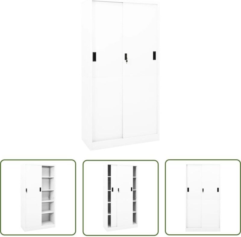 Büroschrank mit Schiebetür Weiß 90x40x180 cm Stahl - Aktenschrank - Büroorganisation - Stauraum - Schreibtischschränkche...