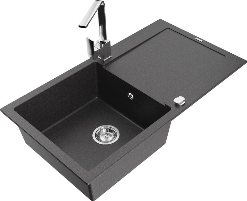 Leo 1 Becken-Granitspüle mit Abtropffläche und Mischbatterie Rita, Schwarz gesprenkelt - 6501- - Mexen