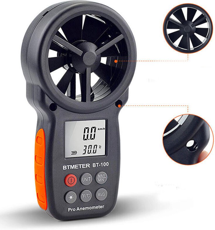 BT-100 Anemometer Digital lcd Windgeschwindigkeitsmesser misst Geschwindigkeitstemperatur mit max/min/avg für Drohnensur...
