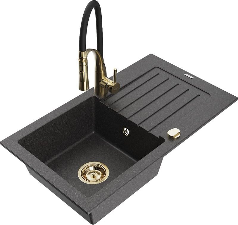 Pablo 1 Becken-Granitspüle mit Abtropffl√§che und Mischbatterie Aster, Schwarz gesprenkelt - 6510-76-73450-57-G - Mexen