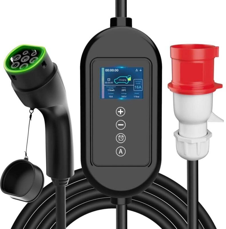 Mobiles Ladegerät Typ 2, 11 kW, 7,5 Meter, tragbares Ladekabel mit dreiphasigem CEE-Stecker, einstellbarer Strom 8-16 A,...