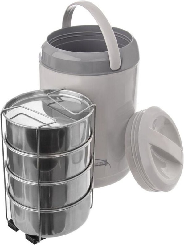 Lunch box in stainless steel with several levels keeps food warm