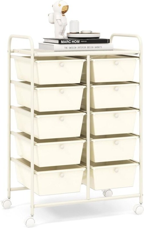 Rollwagen mit 10 Schubladen stapelbar, Rollcontainer mit Ablage & Metallgestell, Badregal, Aufbewahrungswagen, für Büro,...