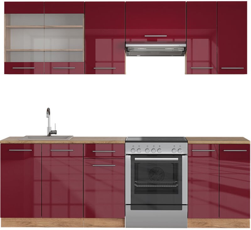 Vicco - Küchenzeile Fame-Line, Bordeaux Hochglanz/Goldkraft Eiche, 240 cm , ap Eiche