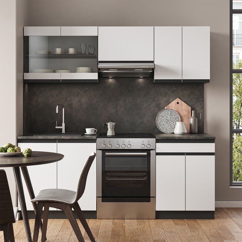 Vicco - Küchenzeile R-Line, Weiß/Anthrazit, 200 cm J-Shape