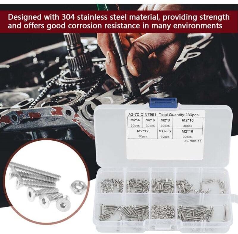 Ulisem 230-teiliges M2 304 Edelstahl-Sortiment mit Flachkopfschrauben und Muttern, mit Box