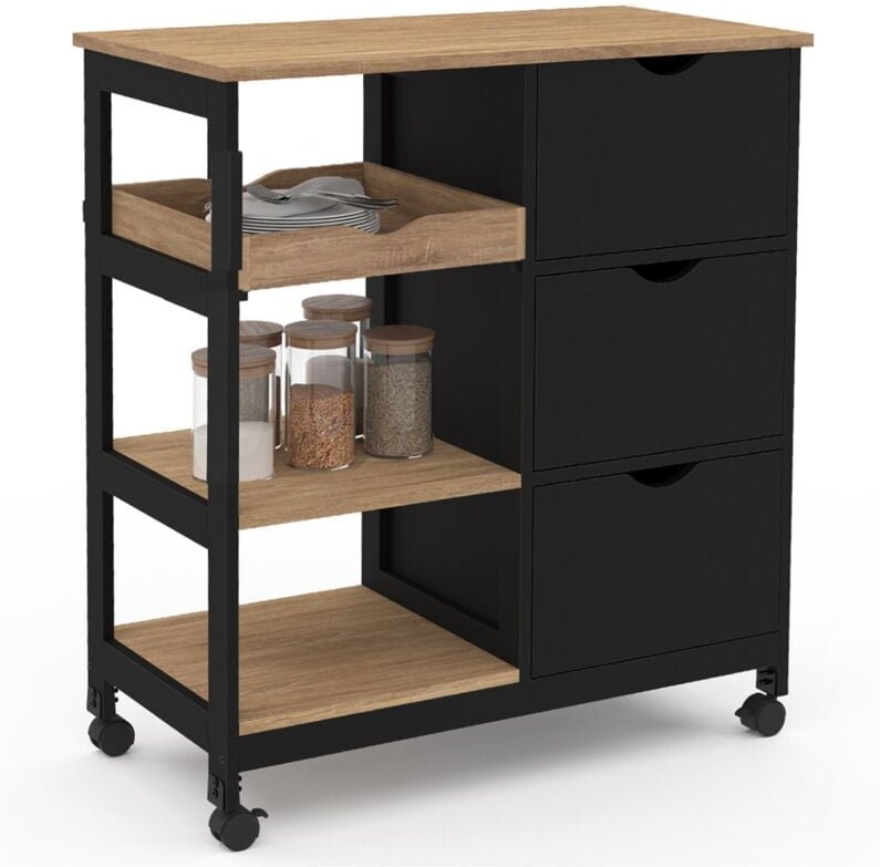 Küchenwagen MUNA 3 Körbe + 1 abnehmbares Tablett schwarz und Bucheffekt B.76 cm