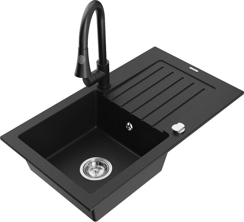 Pablo 1 Becken-Granitspüle mit Abtropffläche und Mischbatterie Elia, Schwarz - 6510-77-670101- - Mexen