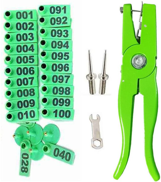 DEBUNS Zange für Ohrmarken von Nutztieren zum Anbringen von Ohrmarken für Rinder, Schafe und Schweine mit 100 Marken, 2 ...