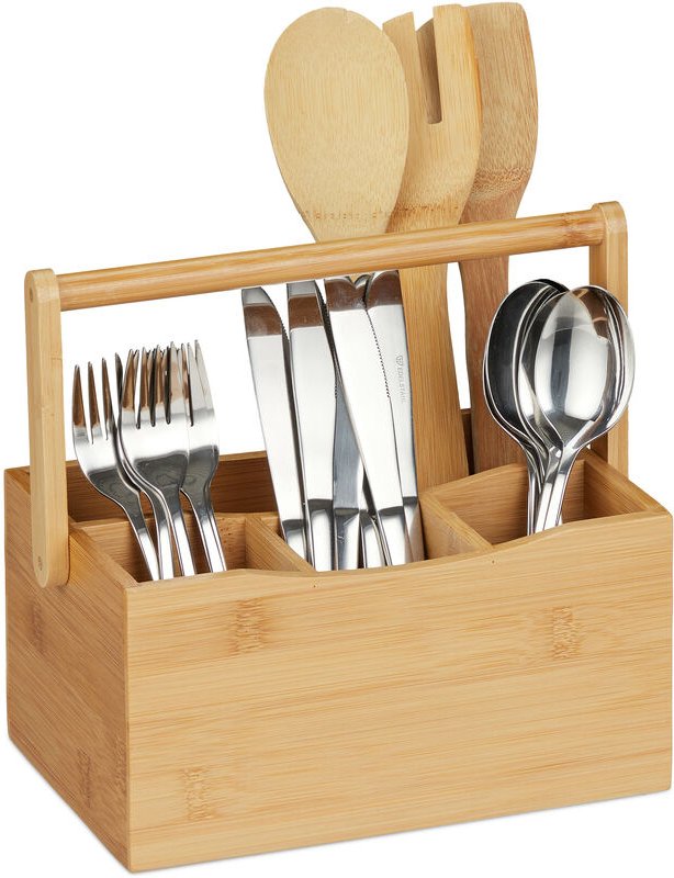 Relaxdays - Besteckhalter Bambus, 4 Fächer, Henkel, Küchenutensilienhalter, Tischbutler für Besteck & Servietten, natur