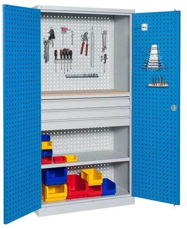 Werkstattschränke, gelocht - 2 Schubladen, 2 Regale und Fachböden aus Holz - Modularer Lagerschrank - W030080002-GCBI