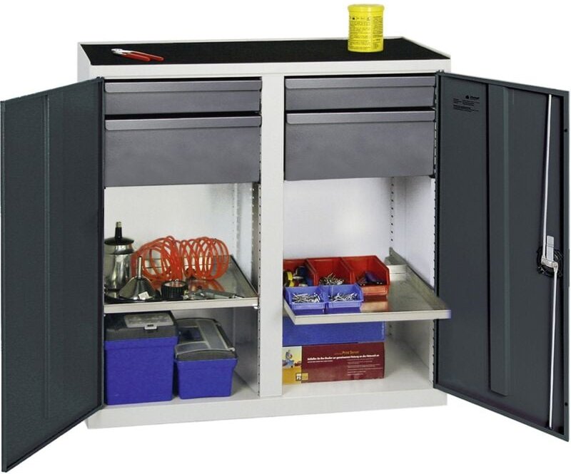 Werkzeug- und Materialschrank Serie 3000 lichtgrau / anthrazitgrau + 2 Schubladen 100 mm + 2 Schubladen 200 mm + 2 Auszu...