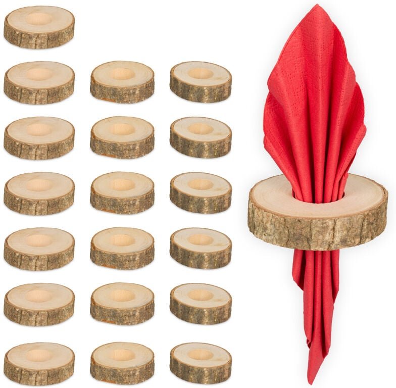60 x Serviettenringe, Holz mit Rinde, HxD: 2 x 7 cm, Serviettenhalter für Papier- und Stoffservietten, natur, im Set
