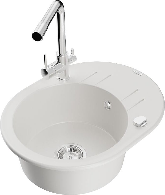 Mexen Kevin 1 Becken-Granitspüle mit Abtropffläche und Mischbatterie Duero, Weiß - 6517-20-671600-00