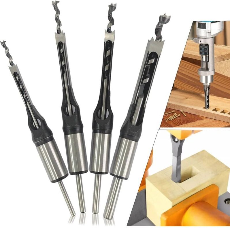 4-teiliges Vierkantloch-Holzbohrer-Set, Stahl-Hohlmeißel-Zimmerei-Werkzeugset für Vierkantlochsägen, Meißelbohrer, Lochb...