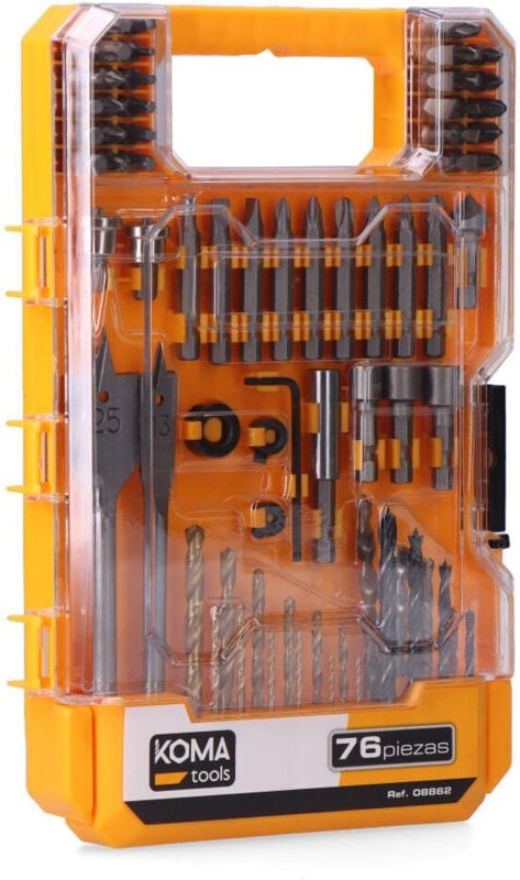 Kompakter Koffer mit einem 76-teiligen Satz Schrauberbits und Bohrer in verschiedenen Größen