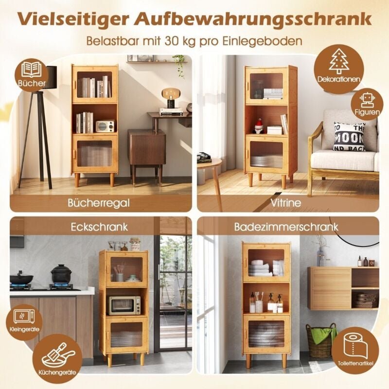 Northix - Kuchenschrank aus bambus 3 stockiger buffetschrank mit 2 acrylturen natur 495 x 40 x 130 cm
