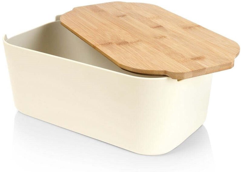 Spacious bread box in cream color with bamboo cutting board
