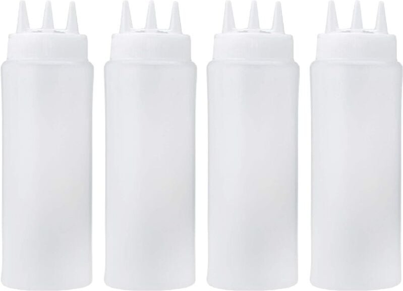 4 Stück 16 oz/450 ml 3-Loch-Quetschflaschen aus Kunststoff für Saucen, Essig, Senf, Öl, Ketchup, Salatdressing, Küchenzu...