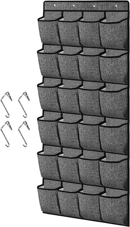 Ber der Tür hängendes Schuhregal – Wandmontierte Aufbewahrungstasche mit 24 großen Taschen und 4 breiten Haken für Kleid...