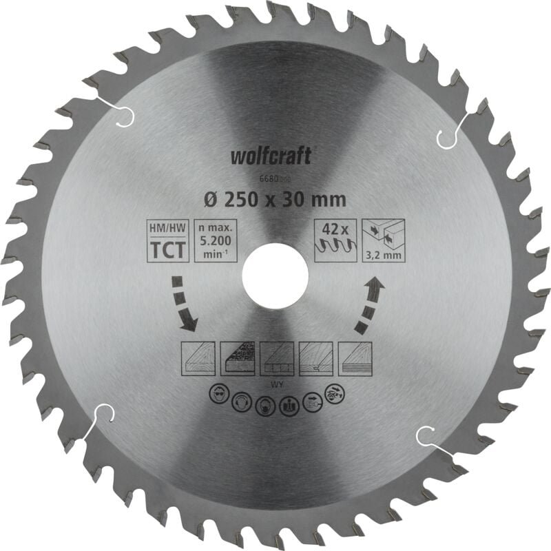 Wolfcraft - i Tischkreissägeblatt hm, Serie orangeI 6680000 i ø 250 mm, 42 Zähne, feine, saubere SchnitteI Sägeblatt i K...