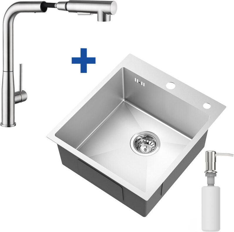 44 x 49 cm Edelstahl Küchenspüle + Hochdruck Ausziehbare Küchenarmatur, Spülbecken für ab 50 cm Küchenschrank, Silber