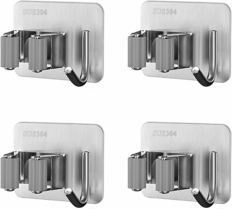 Besenhalter zur Wandmontage, Edelstahl, selbstklebender Mopphalter mit Haken für Küche, Garten, Balkon, Garage, Grau, 4 ...