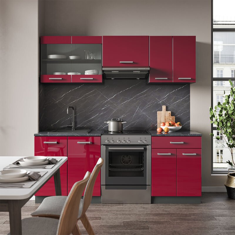 Vicco - Küchenzeile R-Line, Bordeaux Hochglanz/Anthrazit, 200 cm ohne Arbeitsplatte