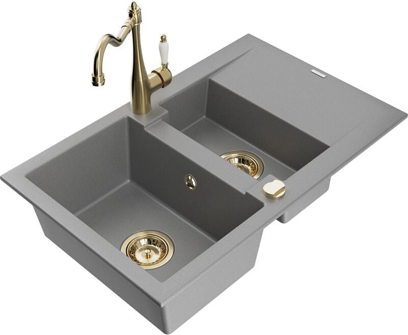 Gaspar 1,5-Becken-Granitspüle mit Abtropffläche und Mischbatterie Carla, Grau - 6507-71-670700 - Mexen