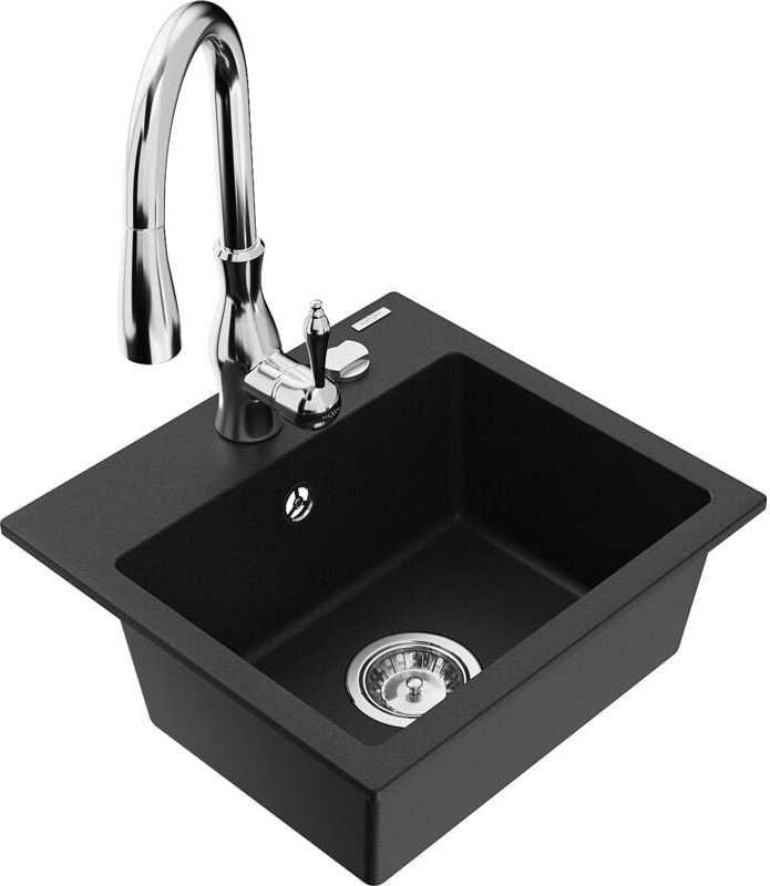 Mexen Milo 1-Becken-Granit-Spüle mit Mischbatterie Savita, Schwarz - 6505-77-672601-00