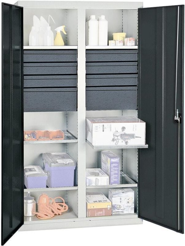 Werkzeug- und Materialschrank Serie 3000 lichtgrau / anthrazitgrau + 6 Schublade 100 mm + 2 Schublade 200 mm + Mitteltre...