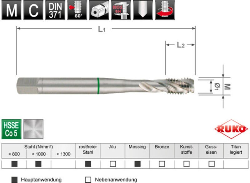 RUKO Maschinengewindebohrer M DIN 371 HSS Co 5 M 3, Form C / 35° RSP