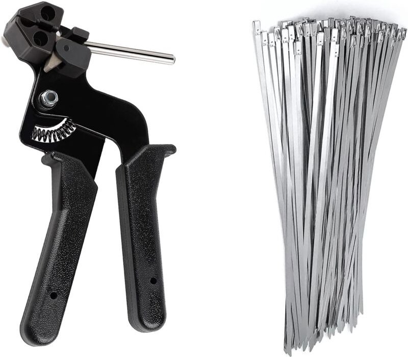 Kabelbinderpistole mit 100 Edelstahl-Kabelbindern 4,6 x 300 mm, Kabelbinderpistole aus Metall mit Schneidfunktion - Dola...