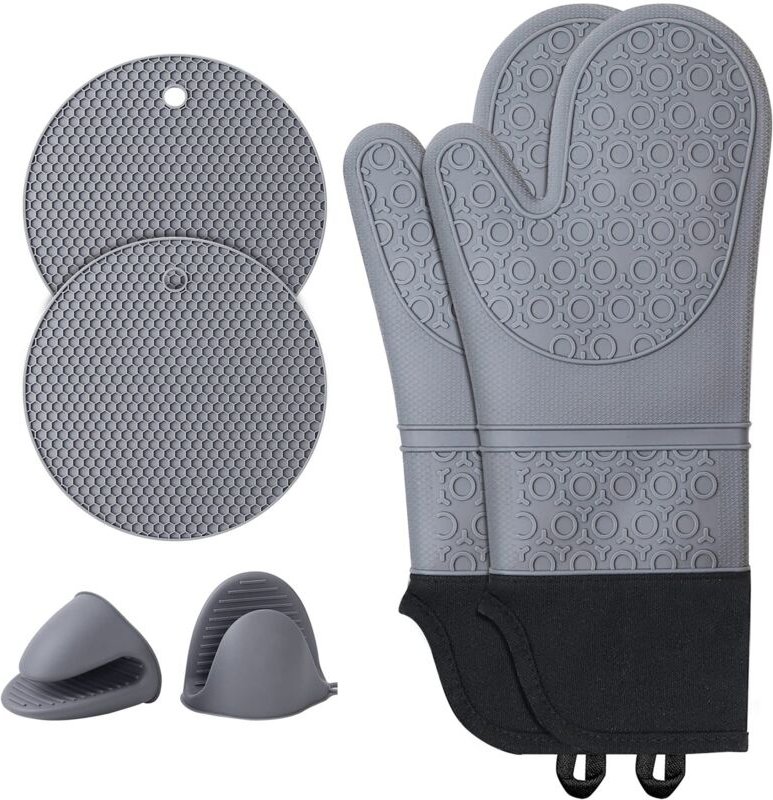 Ofenhandschuhe, Topflappen, Küchenhandschuhe aus Silikon: Hitzebeständig bis 230°C - 2 Ofenhandschuhe, 2 Untersetzer, 2 ...