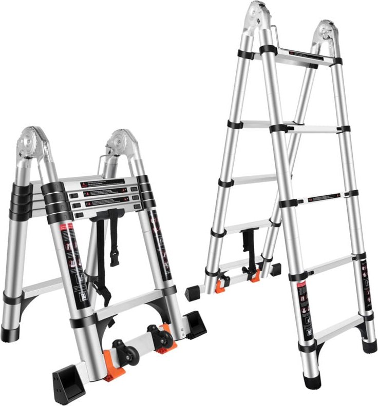 Thumbnail - Teleskopleiter, Teleskop Einer Rahmenleiter mit Balance Bar und beweglichem Rad, Mehrzweckleiter Tragbar Leiter - 3.8M(1...