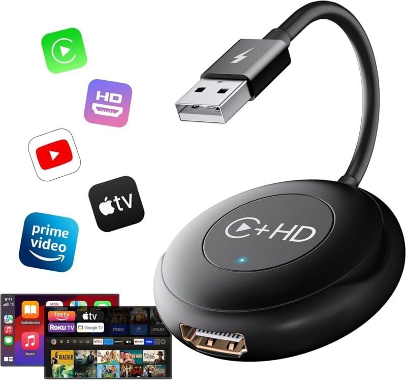 Car TV Mate, kabelloser CarPlay-Adapter mit HDMl-Multimedia zum Konvertieren von kabelgebundenem zu kabellosem CarPlay, ...