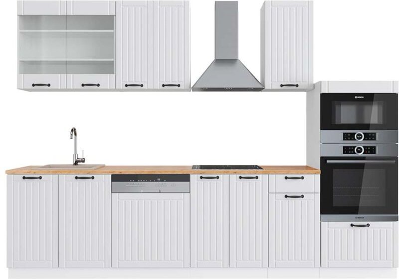 Vicco - Küchenzeile Fame-Line, Weiß Landhaus/Weiß, 300 cm mit Hochschrank, ap Eiche