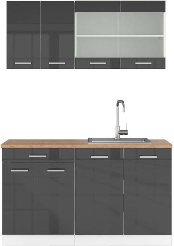 Singleküche R-Line, Anthrazit Hochglanz/Weiß, 140 cm , AP Eiche, Vicco