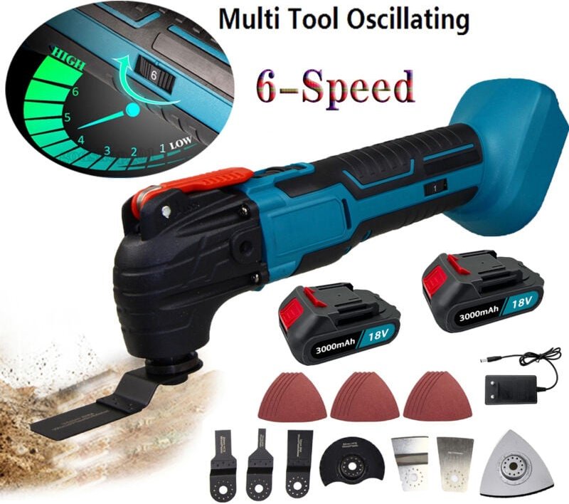 Oszillierendes Multitool, kabelloses und bürstenloses Multitool, 6 Geschwindigkeiten, Zubehör mit 2 Akkus und 3,0-A-Lade...