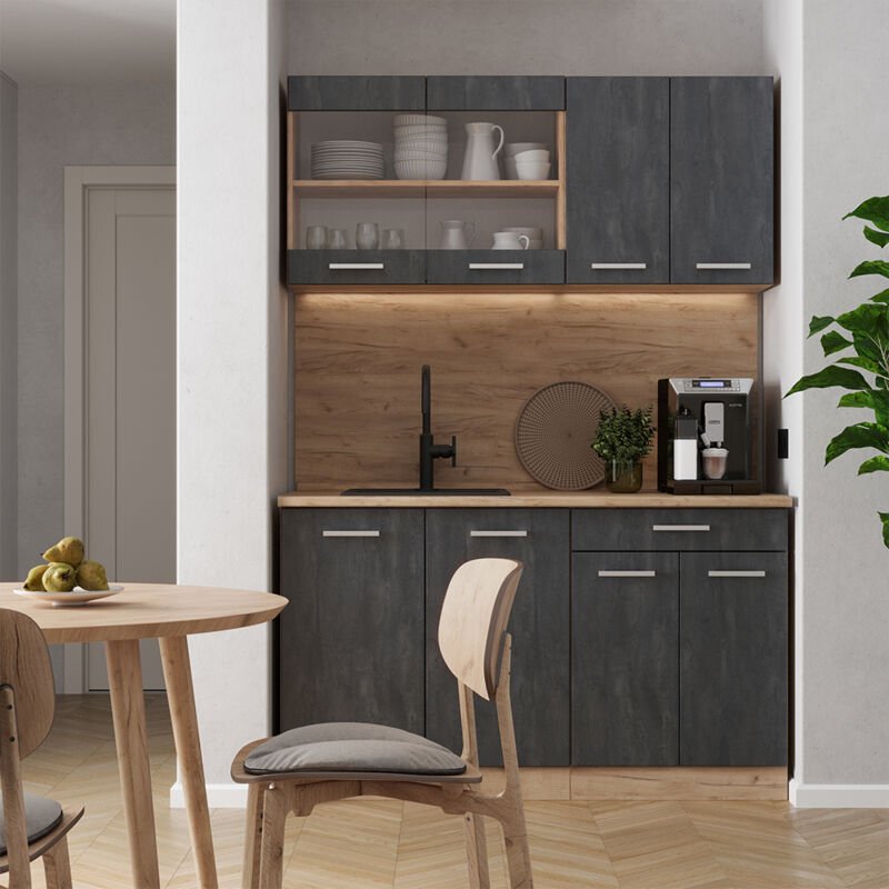 Vicco - Mini-Küche R-Line, Schwarz Beton/Goldkraft Eiche, 140 cm ap Anthrazit