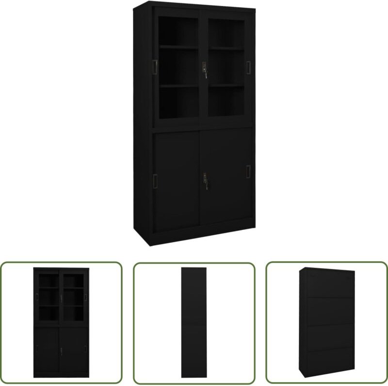 Büroschrank mit Schiebetür Schwarz 90x40x180 cm Stahl - Schreibtischschrank - Büroorganisation - Aktenschrank - Stauraum...