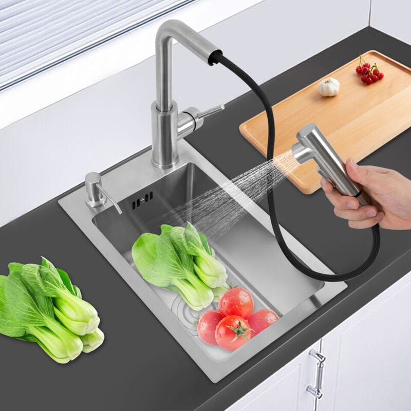 28 x 46 x 22 cm Einfaches Spülbecken aus Edelstahl Küchenspüle aus Edelstahl Spülbecken mit ausziehbarer Brause Silber