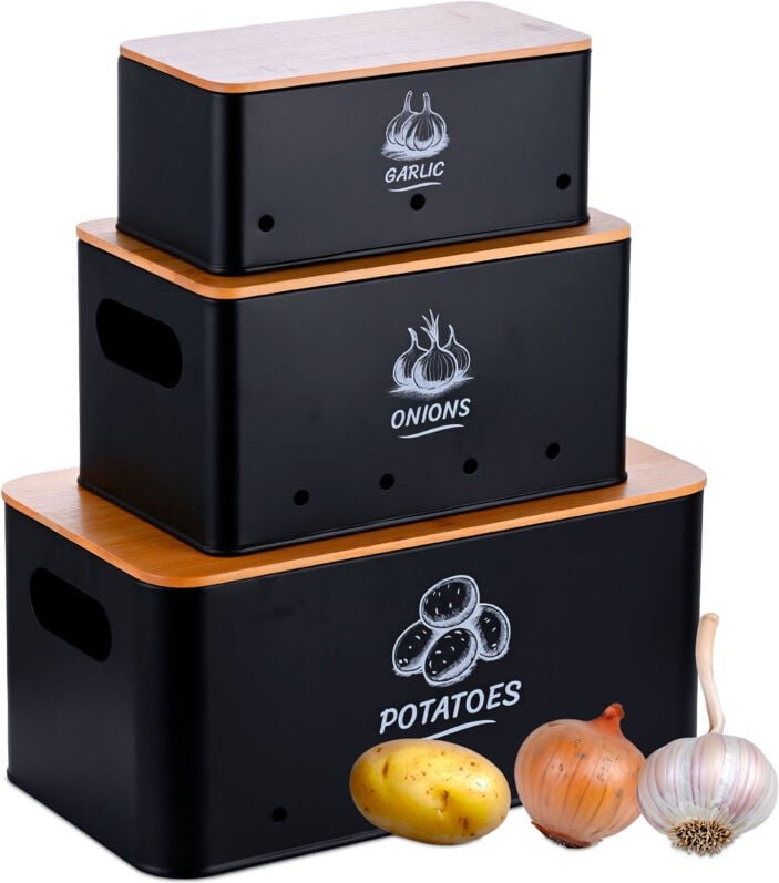 Thumbnail - Relaxdays Aufbewahrungsbox 3er Set, Kartoffeln Zwiebeln Knoblauch, Gemüsebox Deckel, Vorratsdose Küche, Metall, schwarz