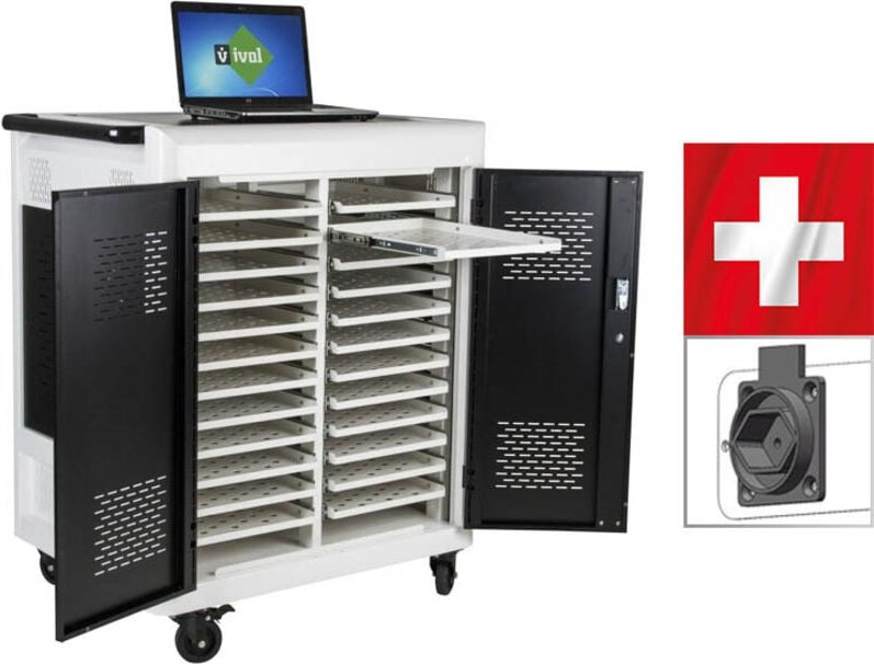 Safecart 24 PRO+ - SWISS-Edition - Laptop-Wagen mit 24 schweizer Typ-13-Steckdosen