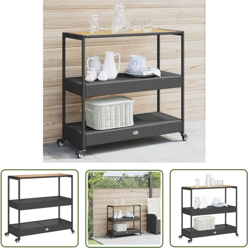 Barwagen 3 Böden Schwarz Poly Rattan und Massivholz Akazie - Barwagen - Getränketrolley - Küchentisch - Outdoormöbel - B...