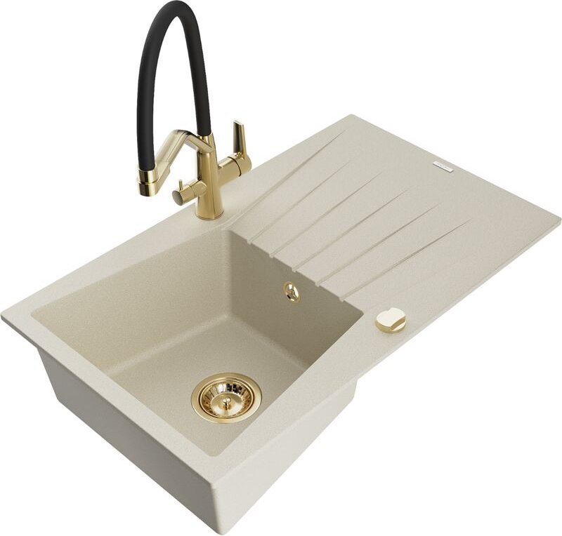 Cesar 1 Becken-Granitspüle mit Abtropffläche und Mischbatterie Duo, Beige - 6514-69-671701-57- - Mexen