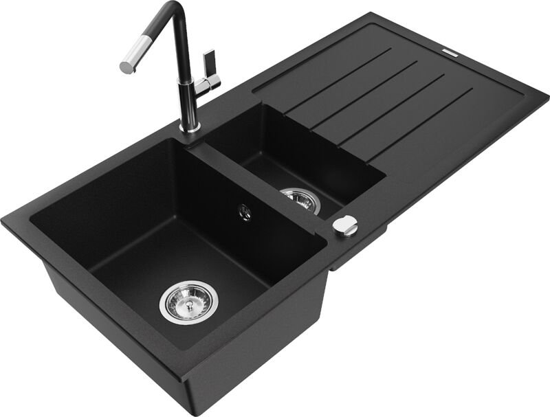 Andres 1,5-Becken-Granitspüle mit Abtropffläche und Mischbatterie Flora, Schwarz - 6515-77-670 - Mexen