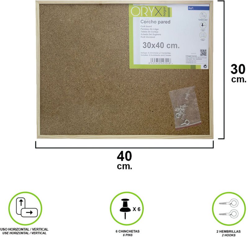 Corcho Pared 30x40 cm. Marco Madera Con 6 Chinchetas
