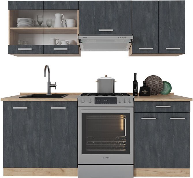 Vicco - Komplettküche R-Line, Schwarz Beton/Goldkraft Eiche, 200 cm ohne Arbeitsplatte